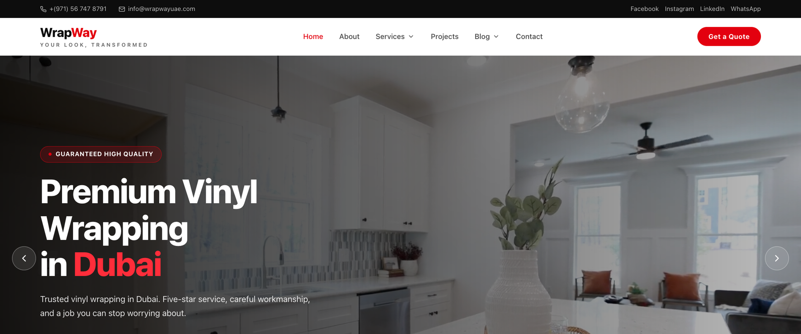 WrapWay — A Dubai vinyl-wrapping and interior renovation site showcasing cabinet, surface, furniture, and window-tinting services for homes and businesses.